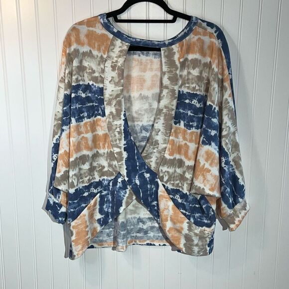 Watercolor Starburst Tye-Dye Top Women 3XLarge Mocha Blue Open Back Sweet Lovely - Picture 1 of 10